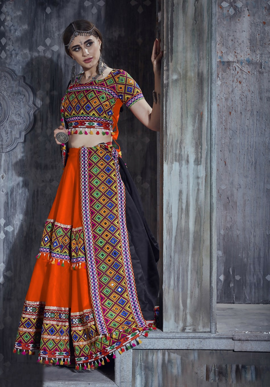 AI Fashion Orange Art Silk Designer Navratri Lehenga Choli Collection | Grocsy