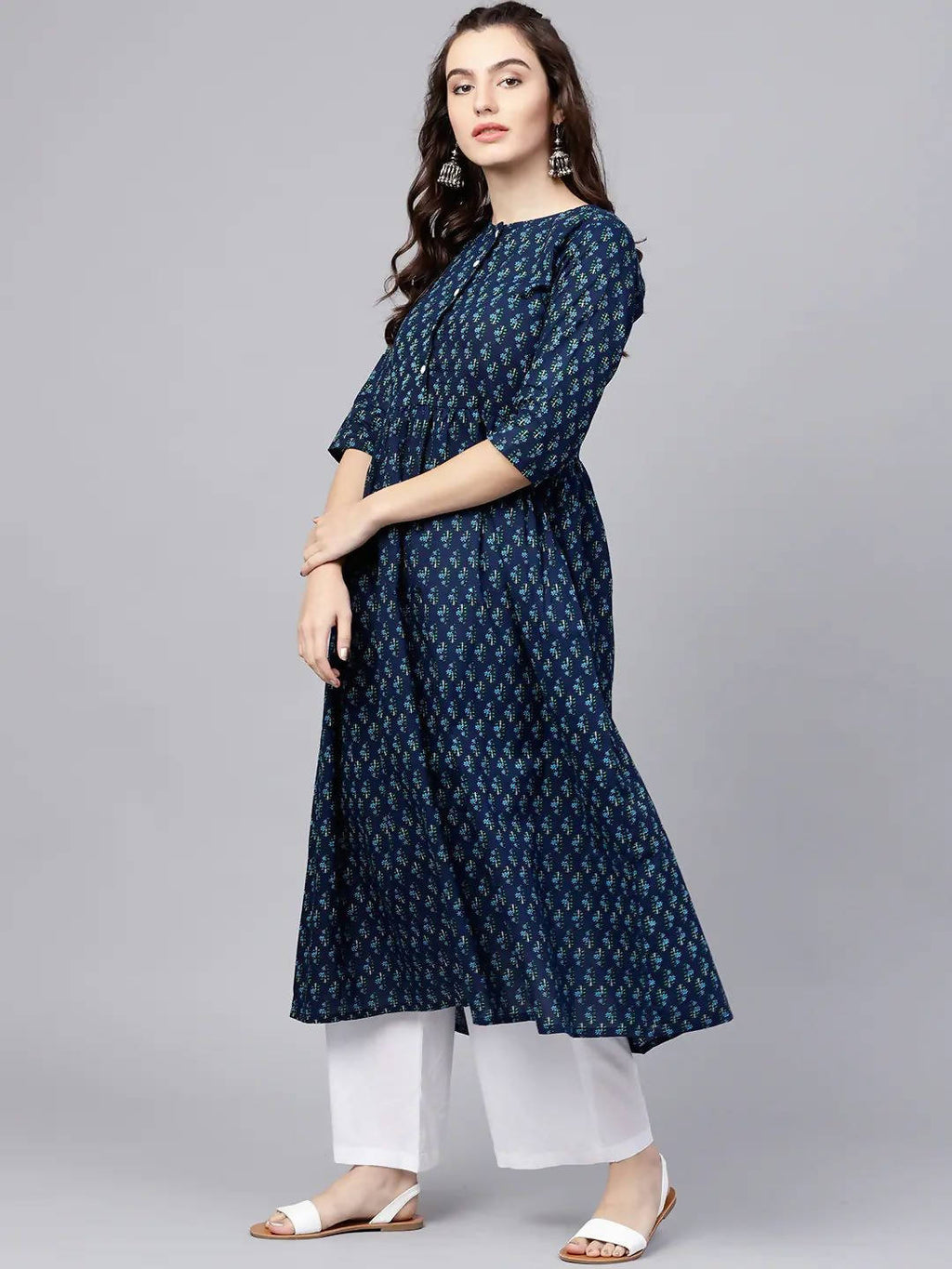 Vamika Navy Blue Printed Cotton Party/Casual Wear Kurta Set/Suit | Grocsy