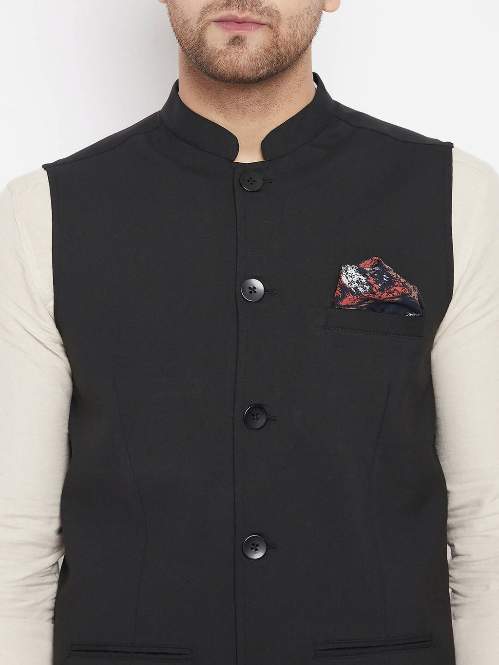 Even Apparels Black Merino Men's Nehru Jacket-Contrast Lining-Inbuilt Pocket Square | Grocsy