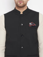 Even Apparels Black Merino Men's Nehru Jacket-Contrast Lining-Inbuilt Pocket Square | Grocsy