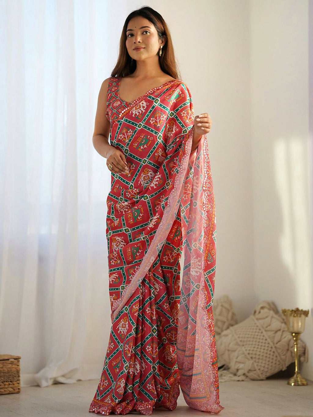 Designer Partywear Georgette Red Fancy Saree - Durga | Grocsy