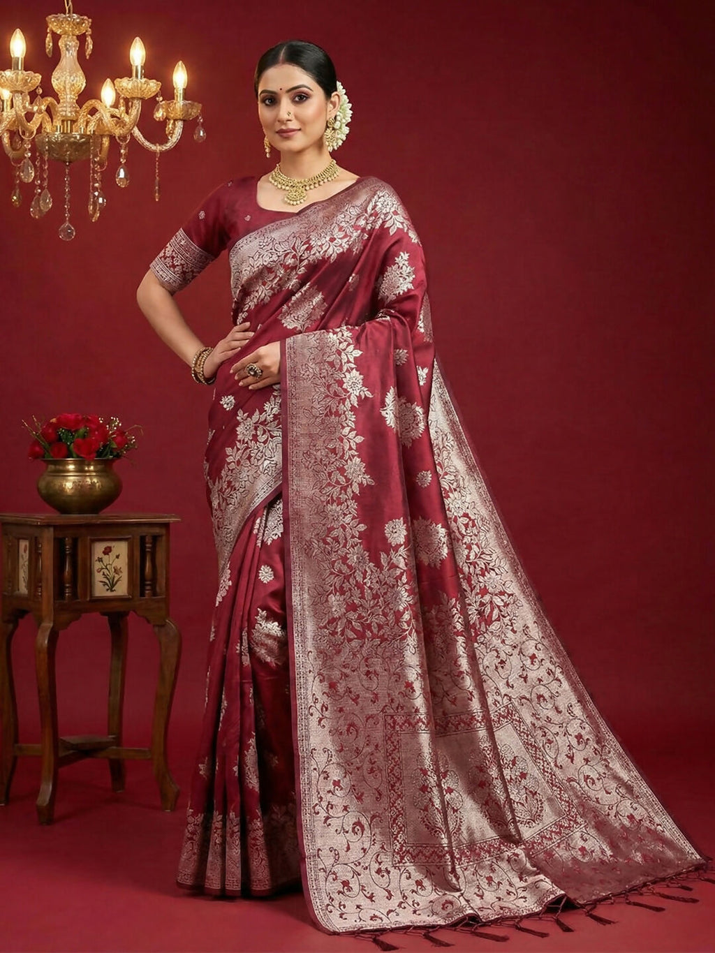 Shree Shyam Fashion Maroon Silk Blend Saree | Grocsy