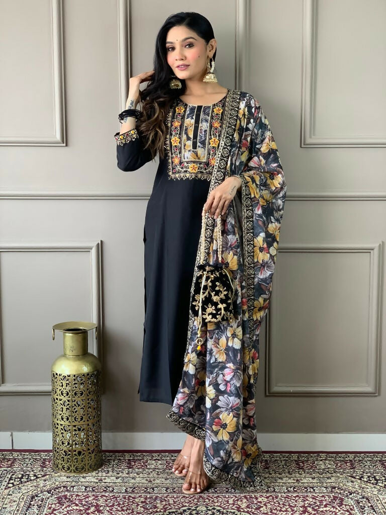 Partywear Designer Viscos Chanderi Black Stitched Suit With Dupatta - Tanisha | Grocsy