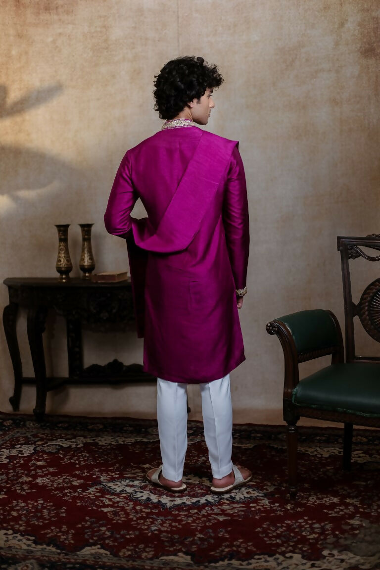 Falling Raw Silk Magenta Perple Rajyog Kurta Set By Hilo Design | Grocsy