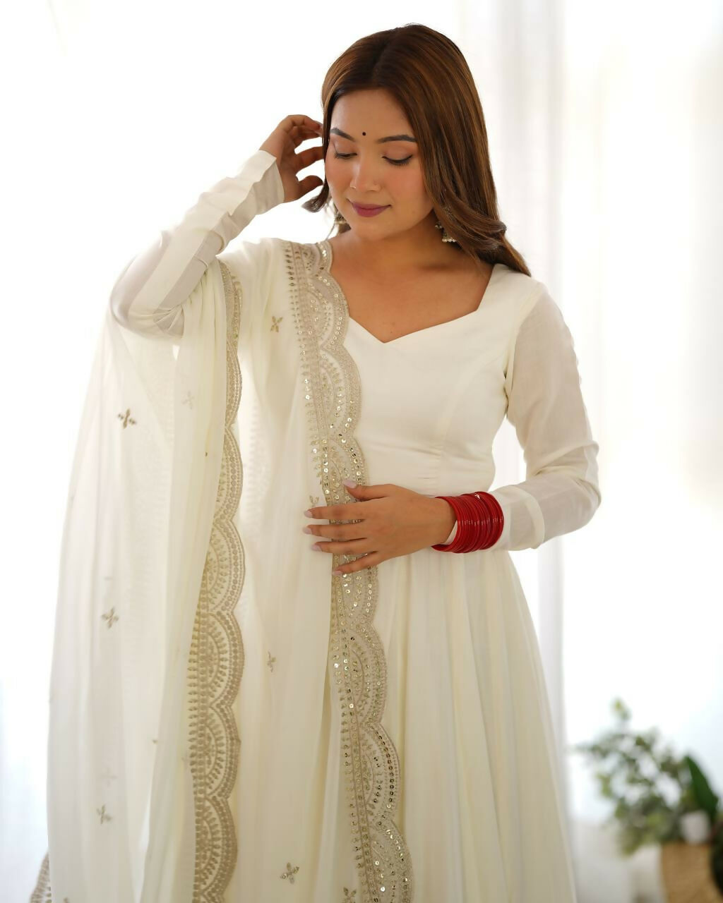 Lehenga Mart Designer Anarkali Suit With Kurta, Pant, Dupatta For Women-Off White | Grocsy