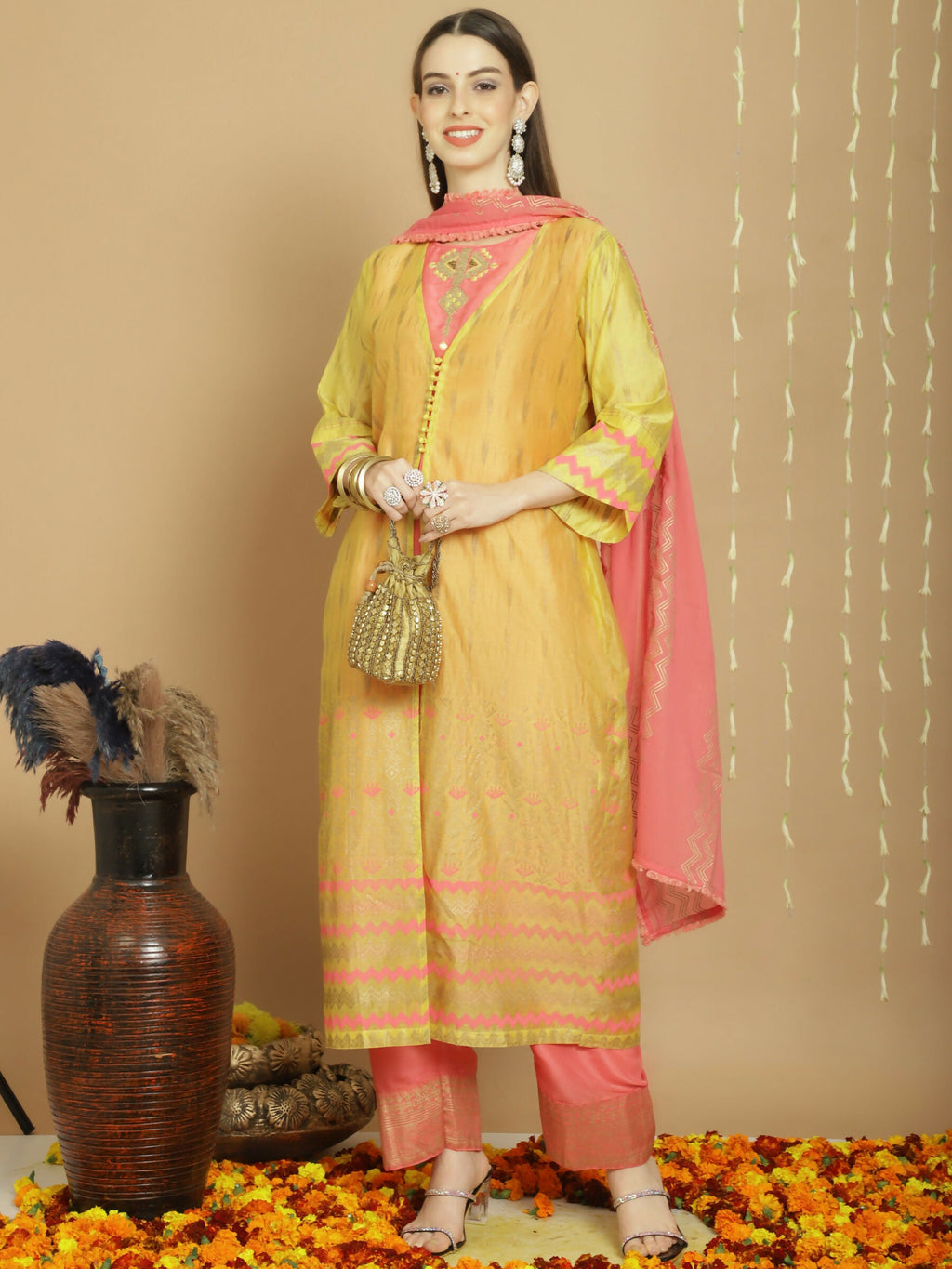Jyoti Fashion Women's Yellow Chanderi Silk Elegant Jardoshi Semi Kurta with Trouser & Dupatta | Grocsy
