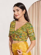 Joban Fashion Mehendi Green Viscose Rayon Padded Blouse With V Neck Elbow Sleeves | Grocsy