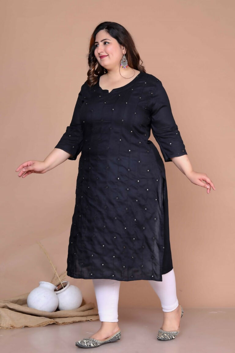 Miravan Women's Plus Size Black Mirror Work Embroidered Pakistani Straight Kurti | Grocsy