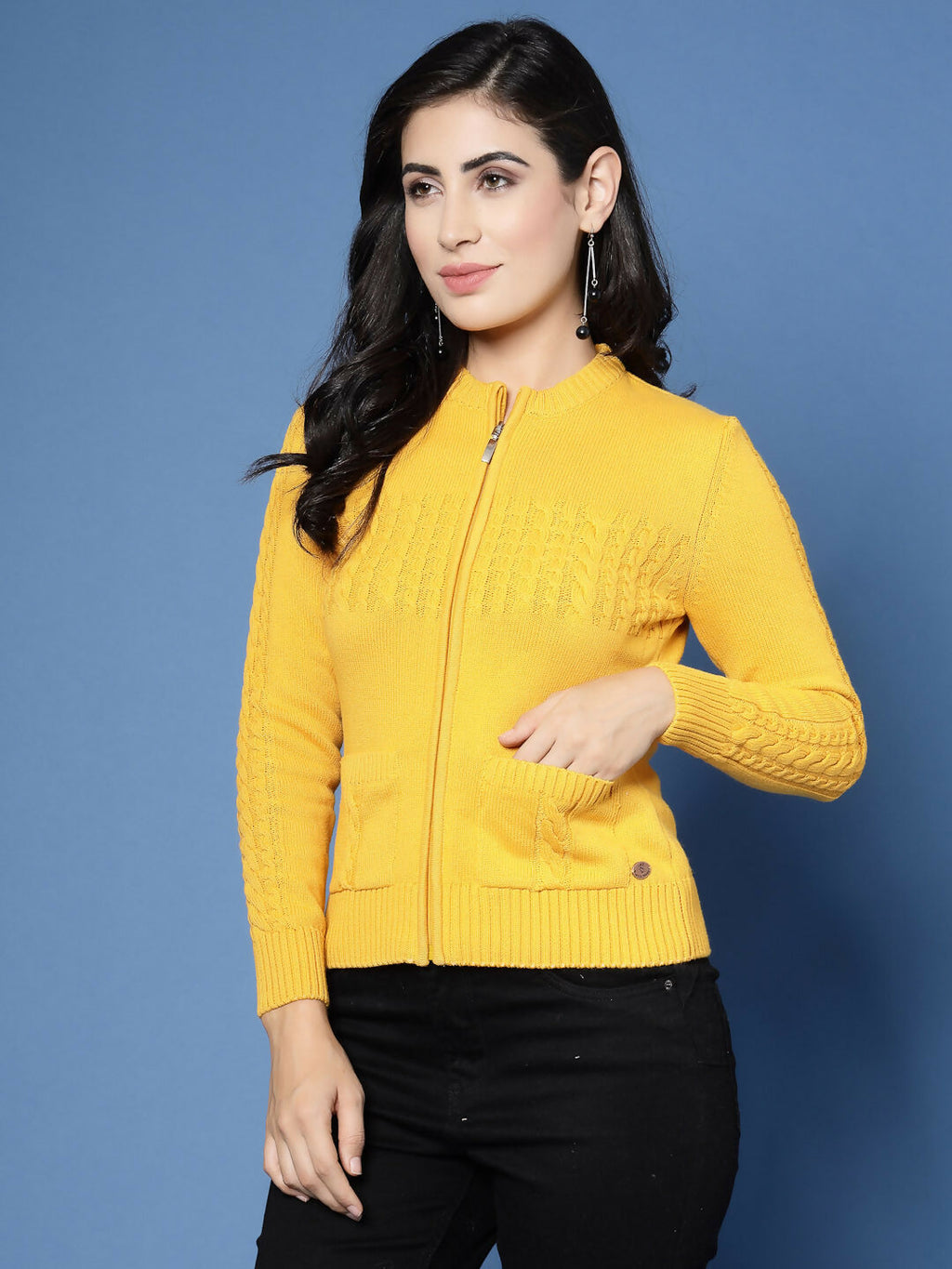 Women Winter Mustard Cotton Cardigan - Wool Trees | Grocsy