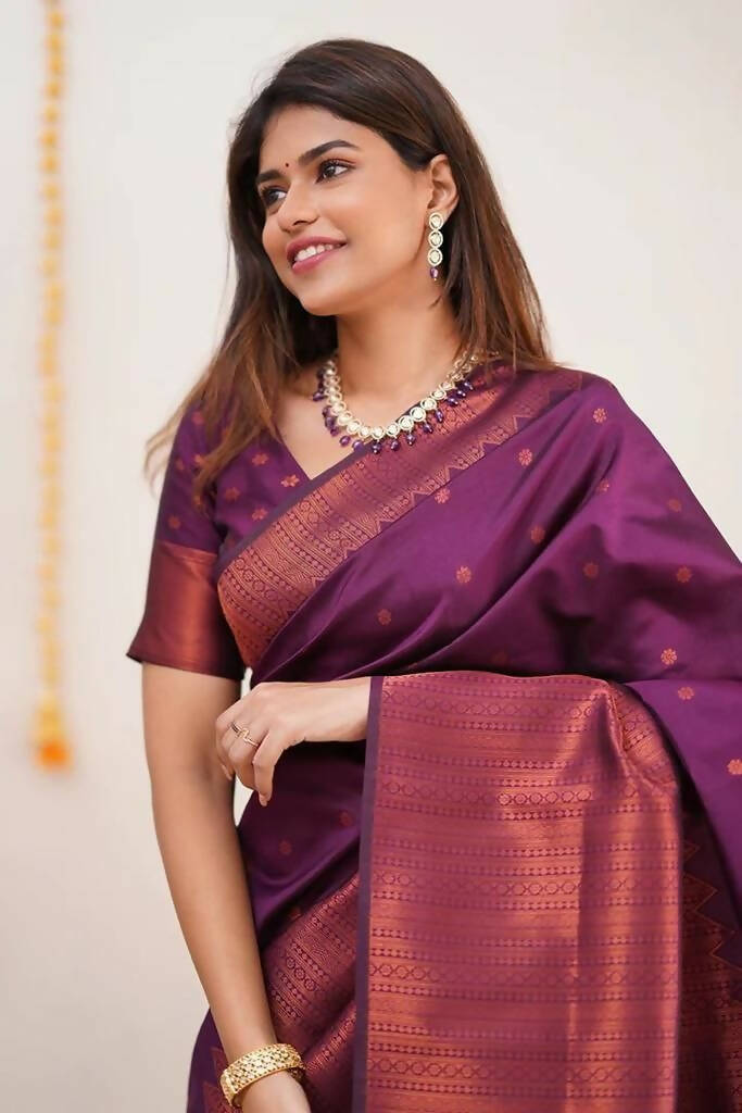 DEIANA'S Beautiful Designer Golden zari Soft Lichi Silk Saree - Wine | Grocsy