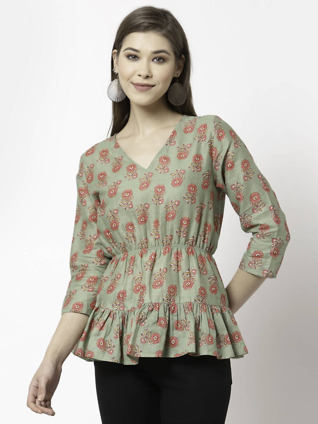 Myshka Printed 3/4 Sleeve V-Neck Casual Pure Cotton Green Top For Women | Grocsy