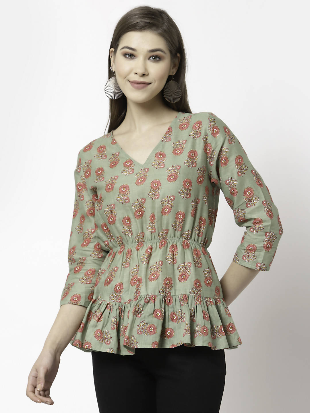 Myshka Printed 3/4 Sleeve V-Neck Casual Pure Cotton Green Top For Women | Grocsy