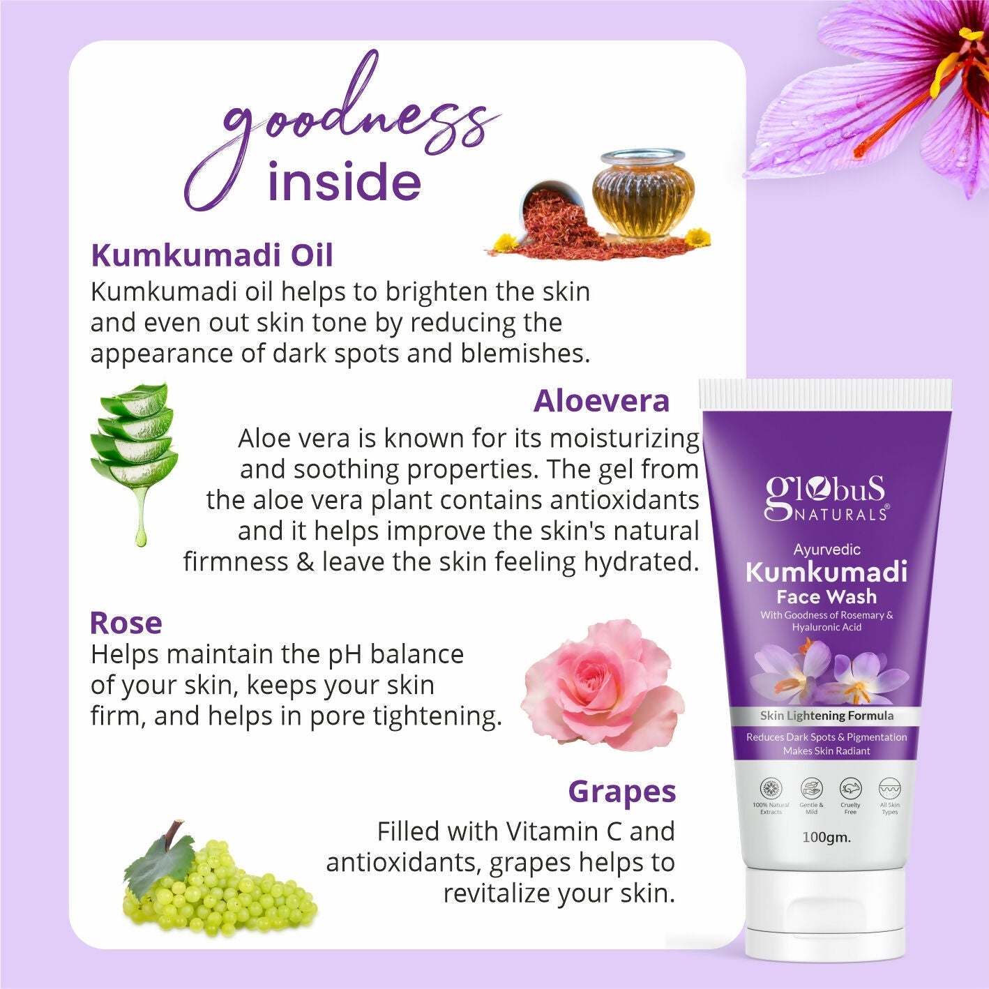 Globus Naturals Ayurvedic Kumkumadi Skin Lightening Face Wash | Grocsy