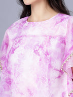 Myshka Organza Printed Short Sleeve Round Pink Women Top | Grocsy