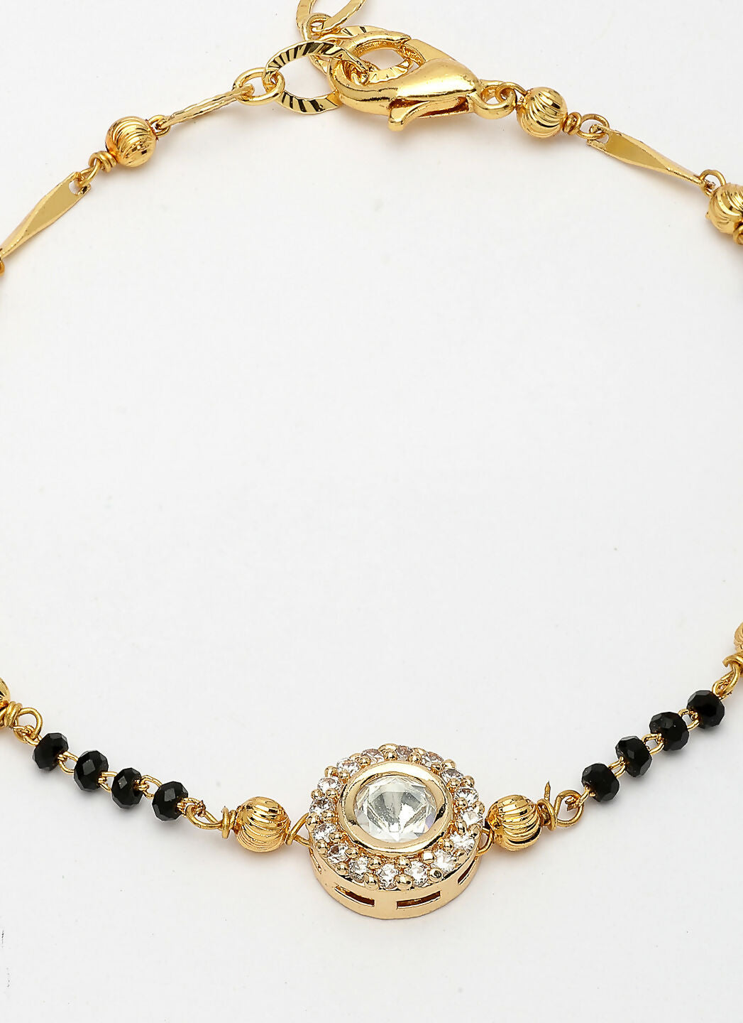 NVR Women Gold-Polished & Black Brass AD-Studded Hand Mangalsutra Link Bracelet