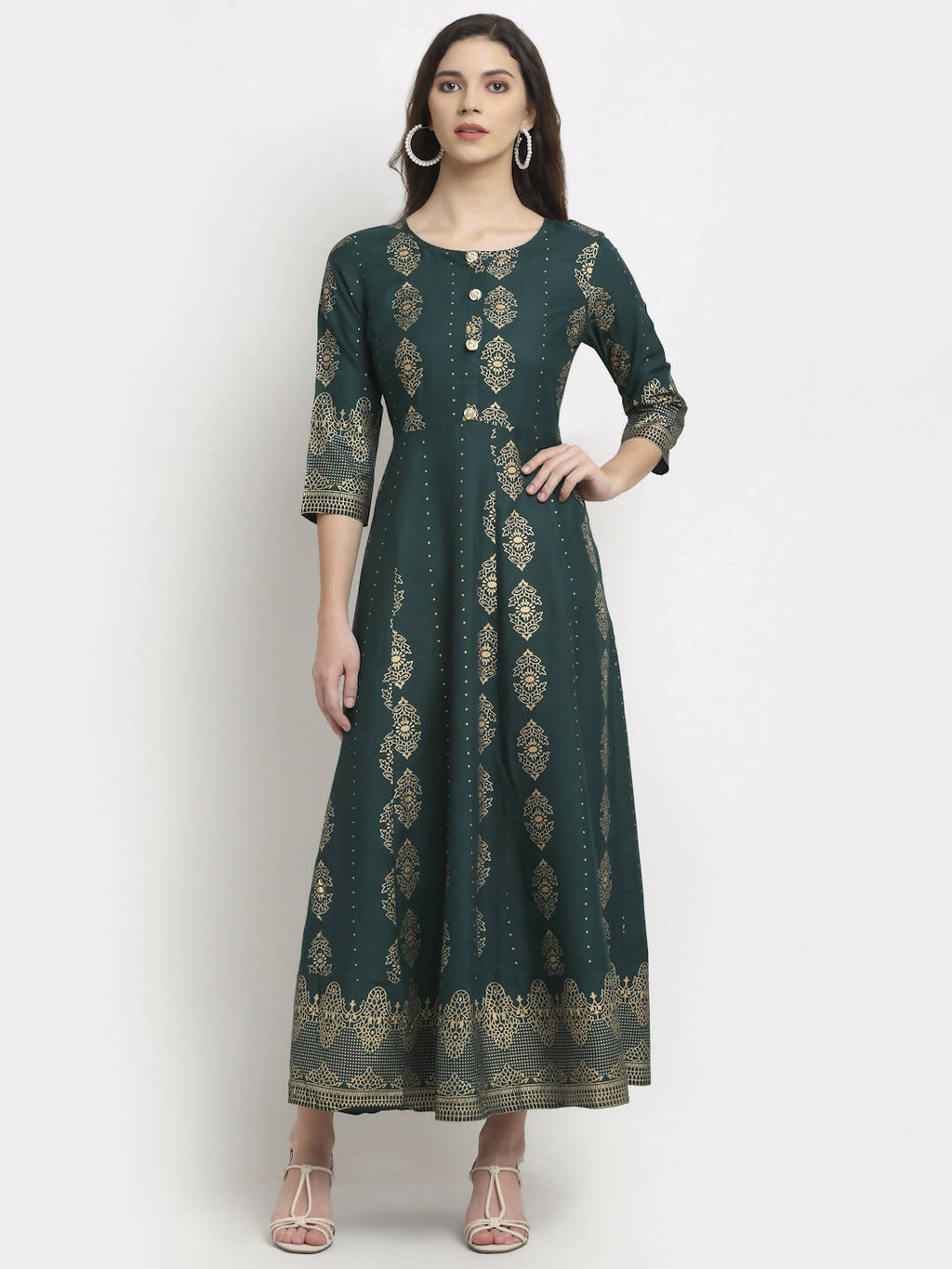 Rudra Bazaar Gold Printed Flared Anarkali kurti | Grocsy