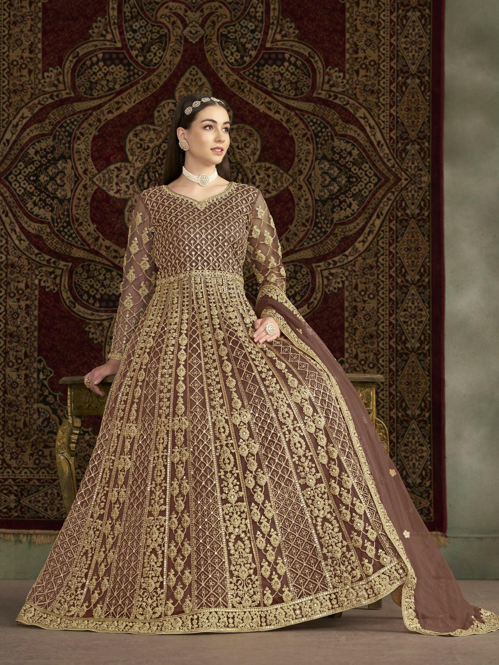 Anaita Coffee Embroidered Net Anarkali Suit | Grocsy
