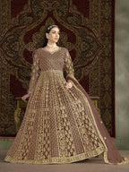Anaita Coffee Embroidered Net Anarkali Suit | Grocsy
