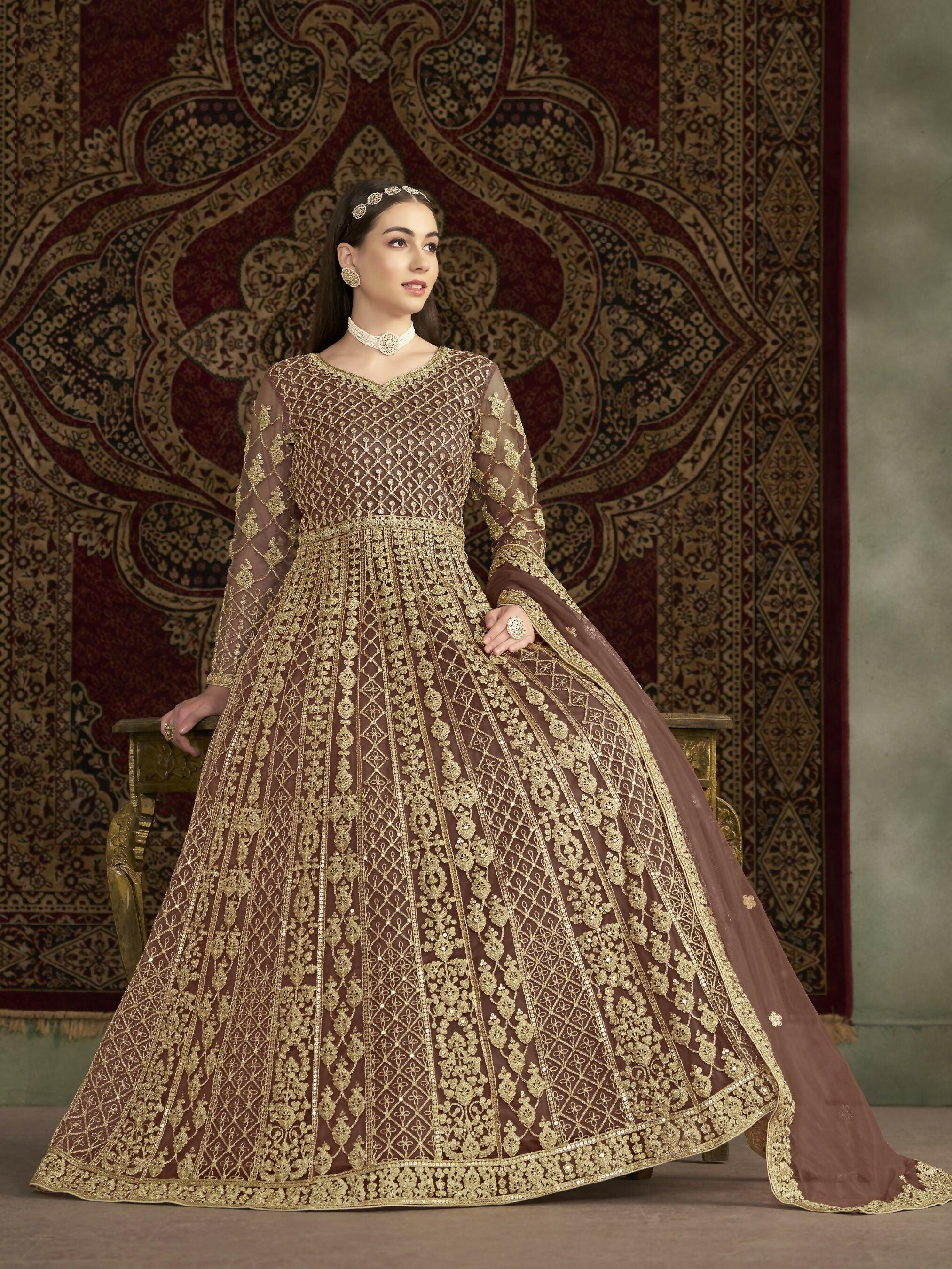 Anaita Coffee Embroidered Net Anarkali Suit | Grocsy