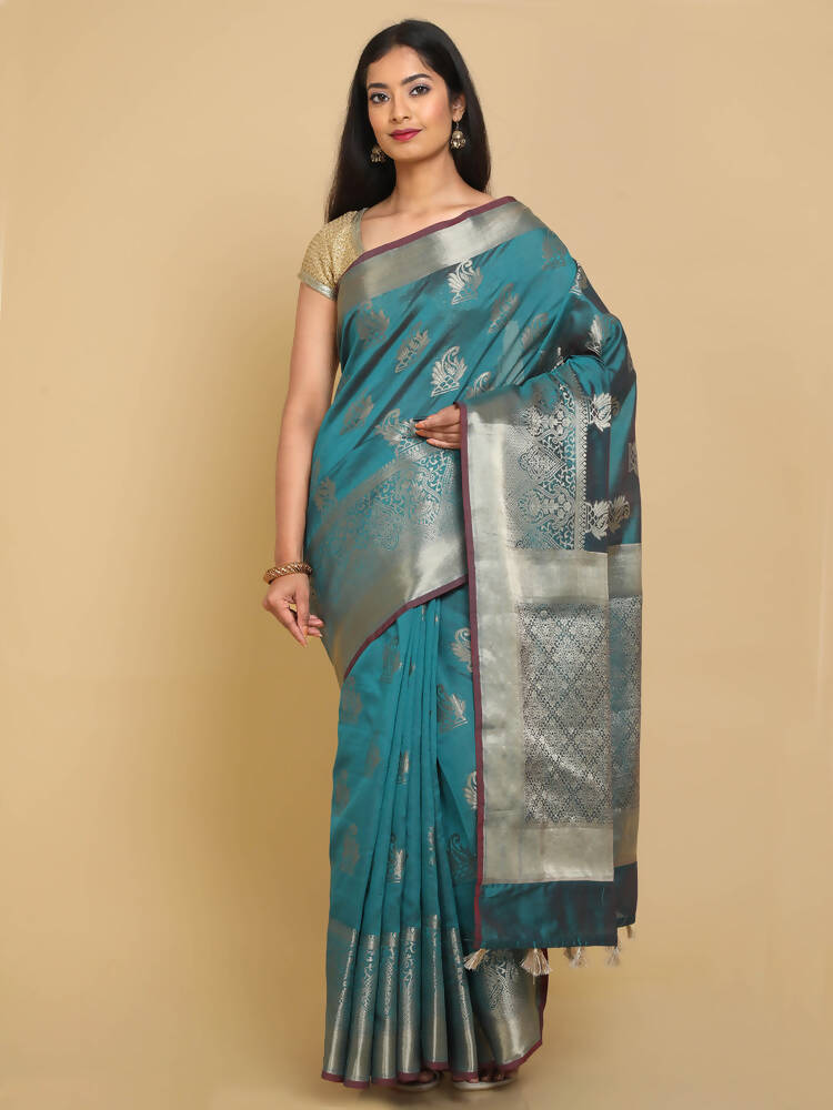 Kalamandir Ethnic Motifs Sea Green Silk Blend Saree | Grocsy