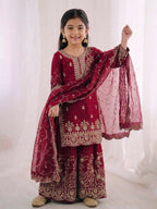 Teeya Creation Girls Heavy Embroidery Pink Ethnic Kurta And Palazzo Set With Net Dupatta | Grocsy