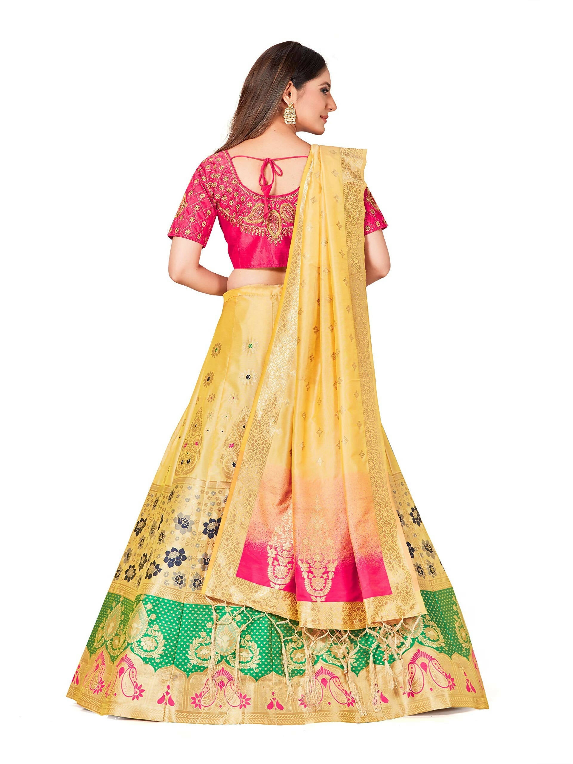 Mimosa Women's Semi-Stitched Art Silk Yellow Lehenga Choli with Dupatta | Grocsy