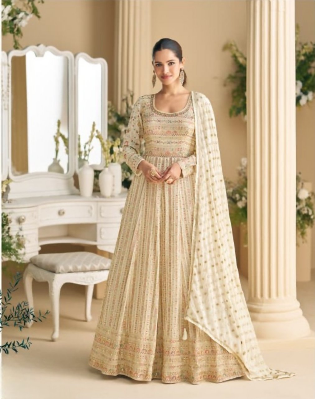 Anaita Cream Real Georgette Readymade Anarkali Gown with Embroidery & Sequence Work | Grocsy