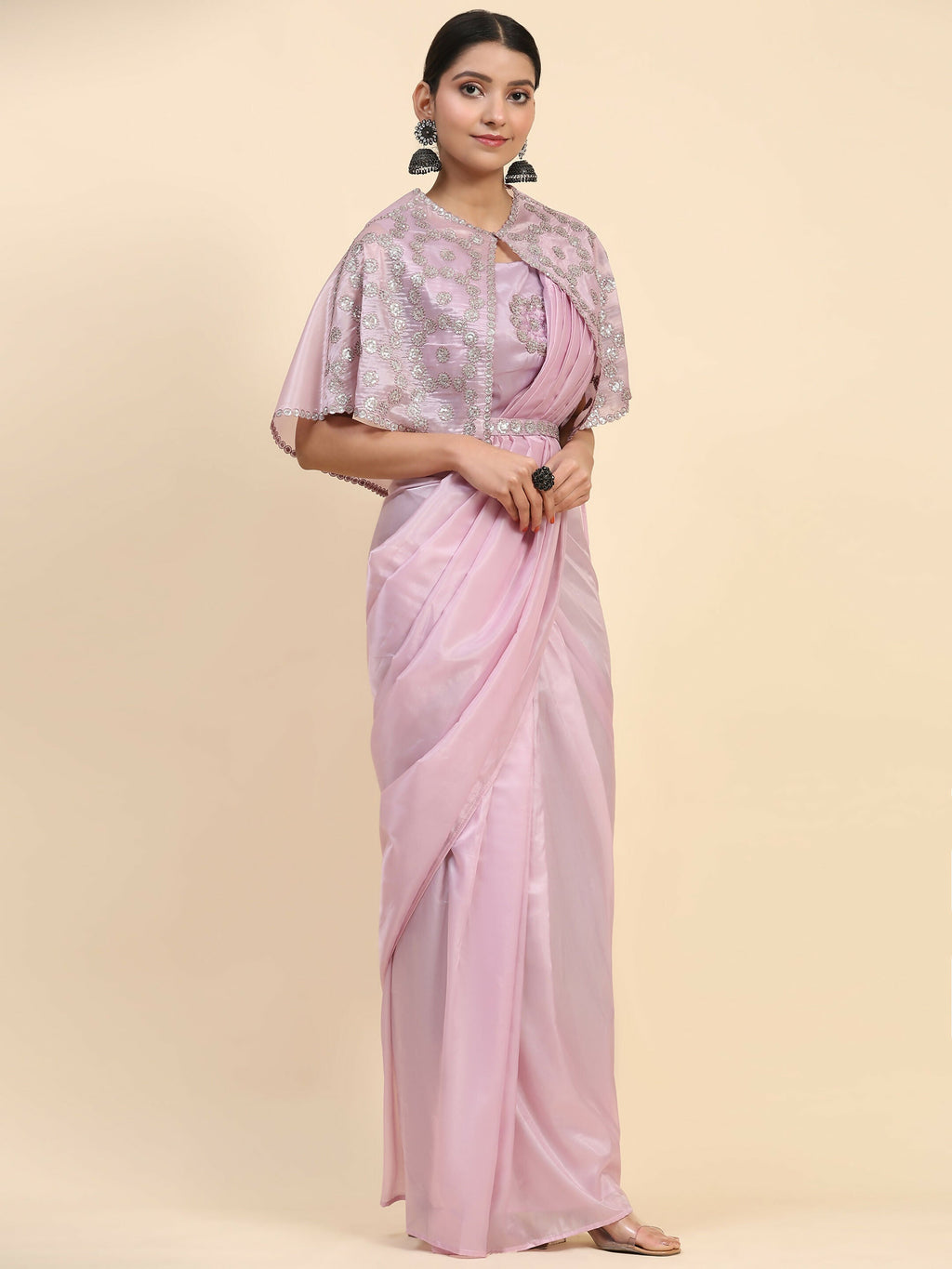 Light Lavendar Satin Solid Ready to wear Saree with stitched Blouse - Vanita | Grocsy