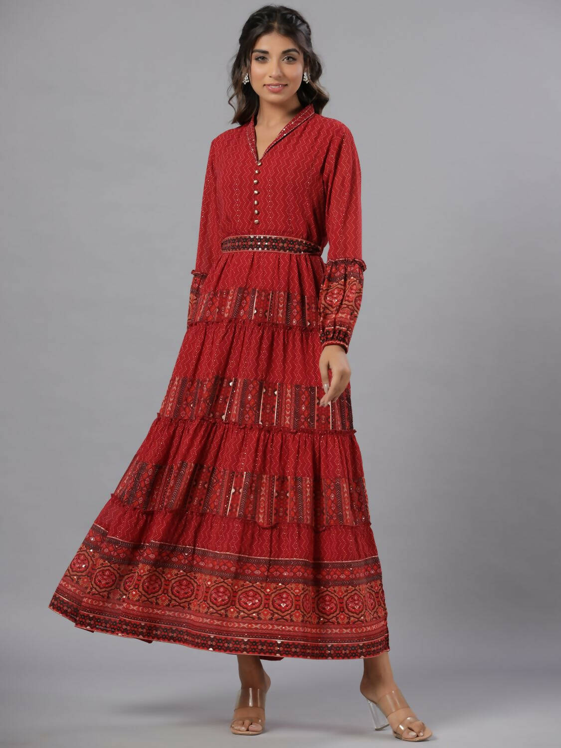 Juniper Women Rust Georgette Printed Tiered Maxi Dress | Grocsy