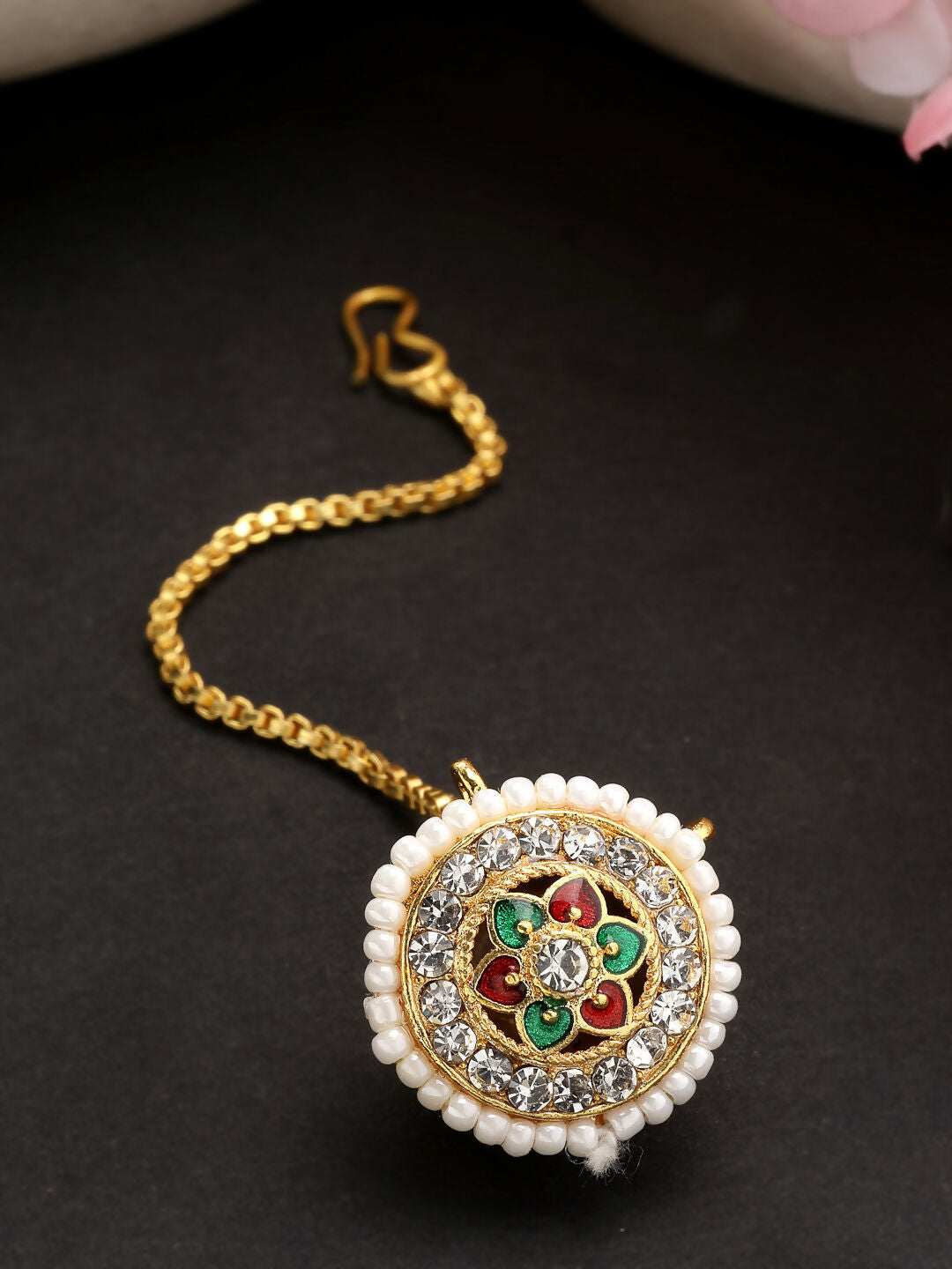 NVR Women's Gold-Polished CZ Stone-Studded Borla Maang Tikka | Grocsy