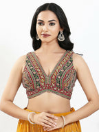 Joban Fashion Maroon Multi Georgette Padded Blouse With V Neck Sleeveless | Grocsy