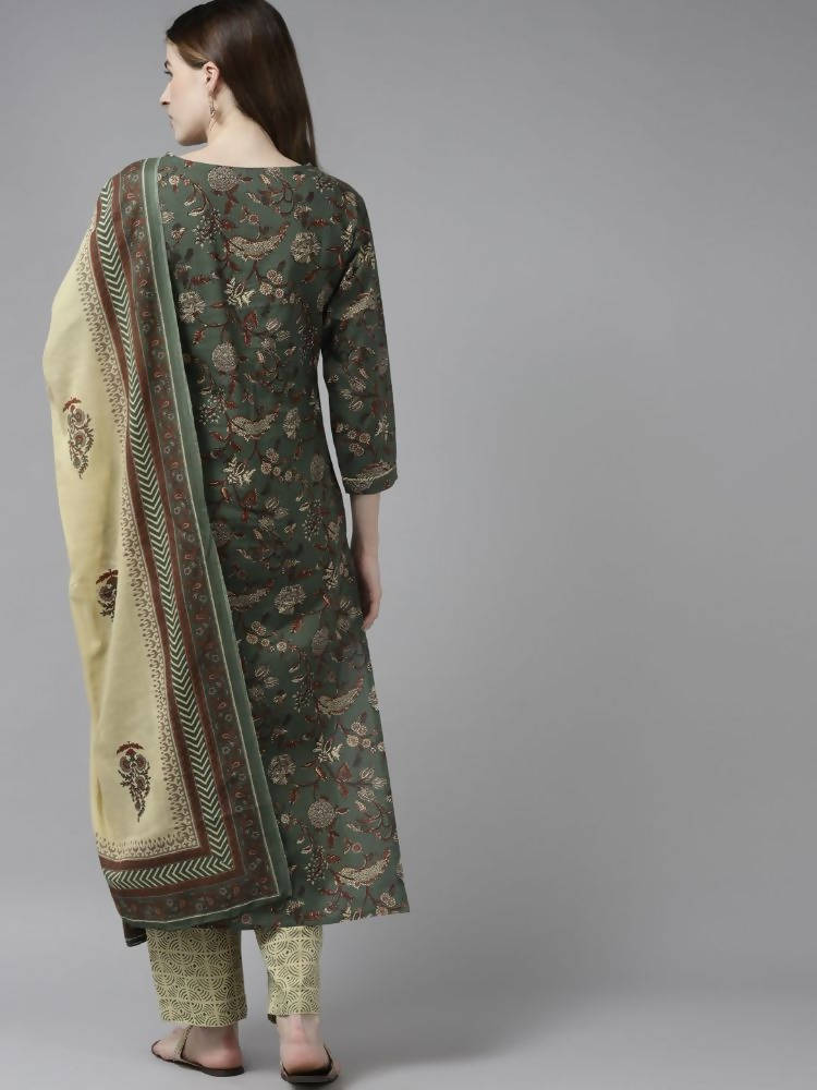 Yufta Women Green and Beige Floral Print Pure Cotton Kurta with Palazzo and Dupatta | Grocsy