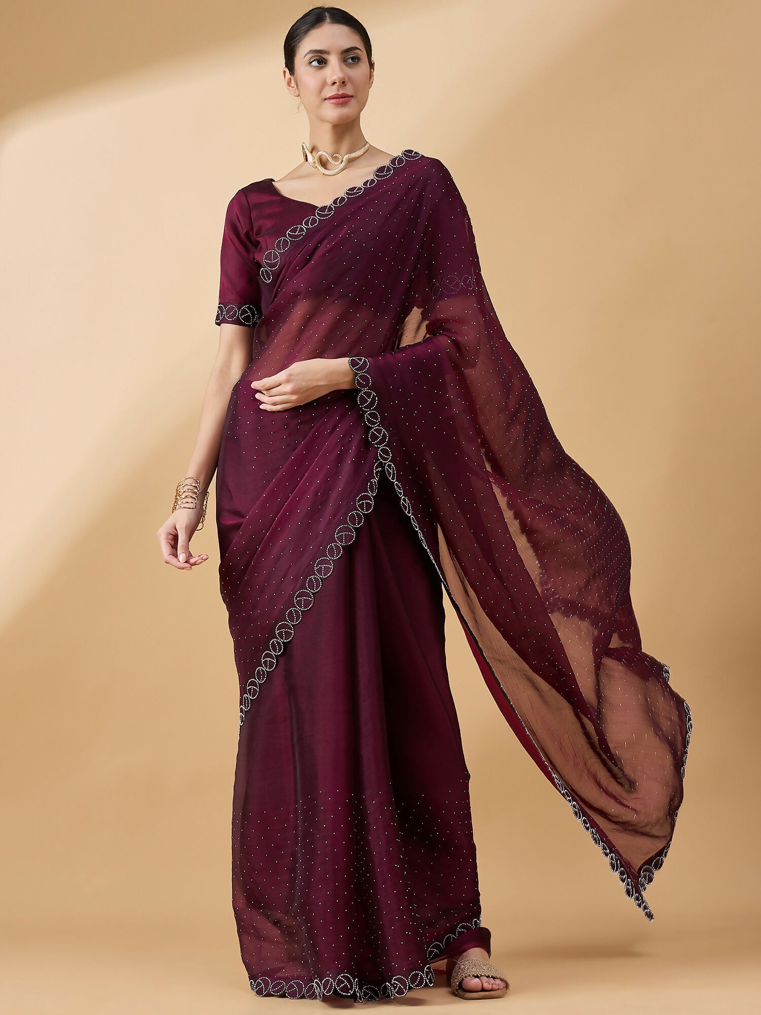 Purple Organza Swaroski Diamond Work Saree with Unstitched Blouse - Radha | Grocsy