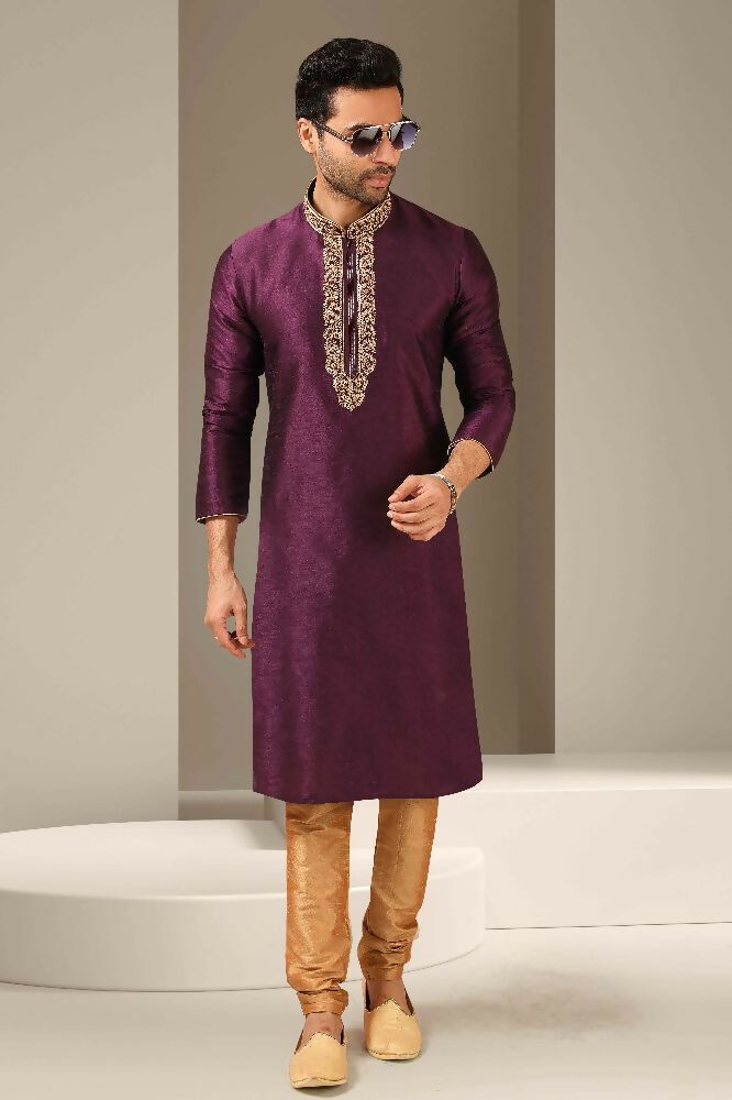 Raivat Ethnic Banarasi Art Silk Mirror Work Kurta Pajama In Mangenta Colour | Grocsy