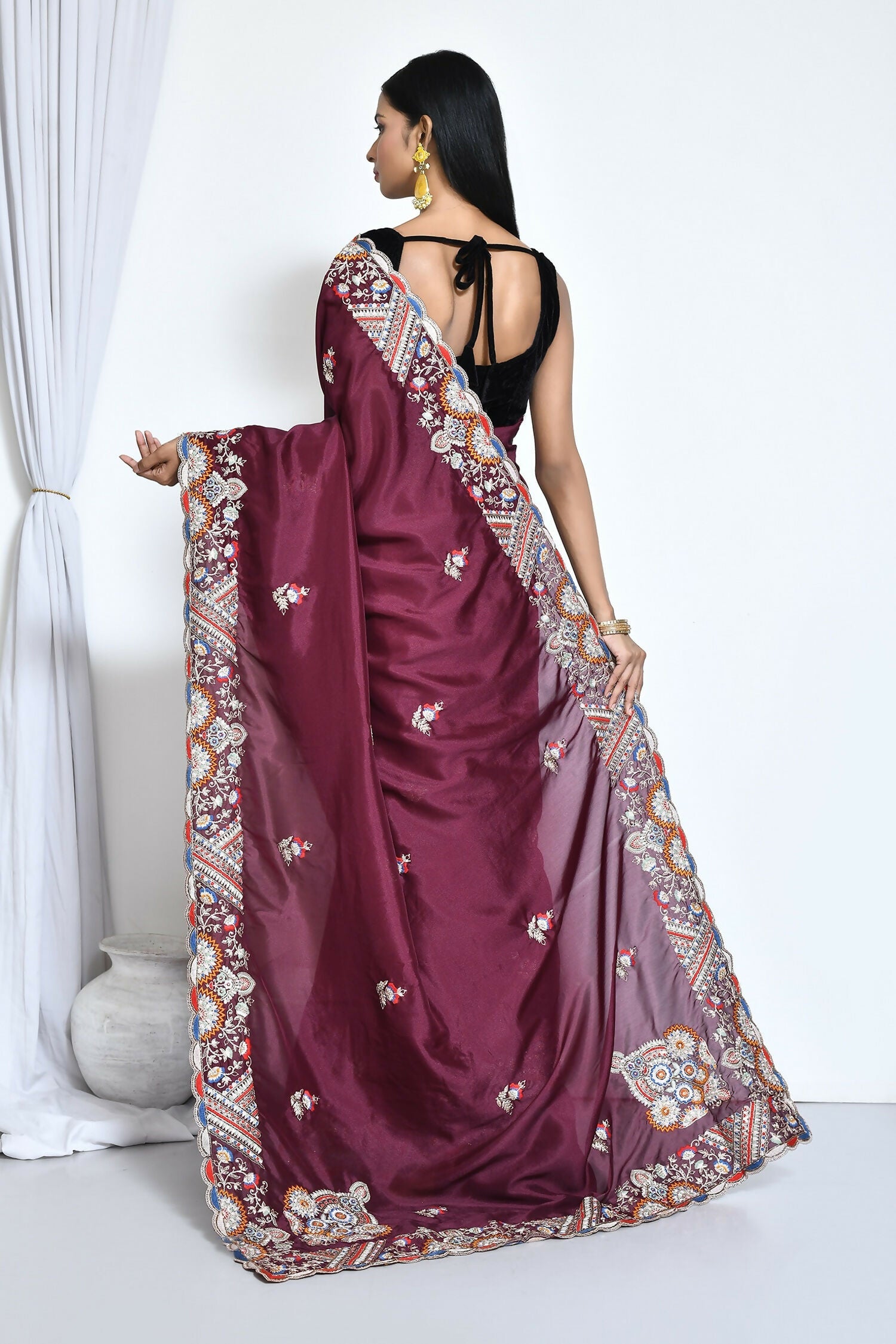 Purple Crepe Silk Sequence Embroidered Saree - Nimaya Benzy | Grocsy