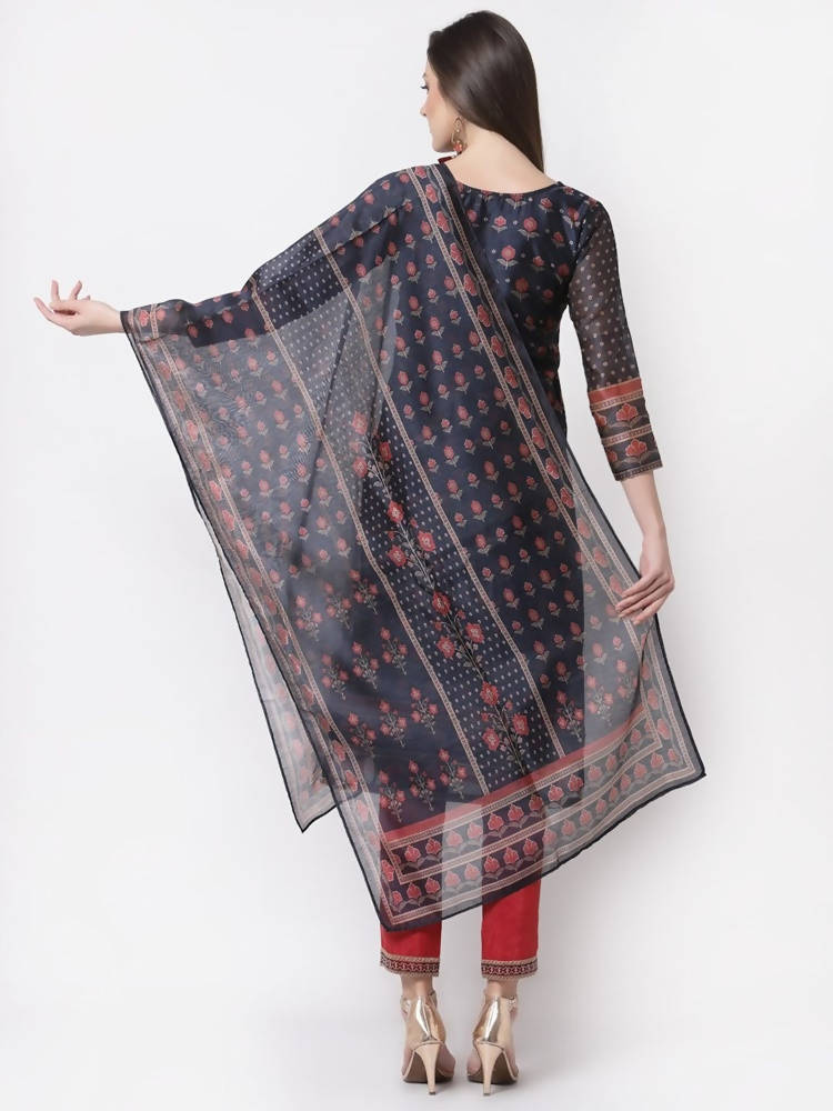 Myshka Blue Color Chanderi silk Printed Kurta With Pant Dupatta Set | Grocsy