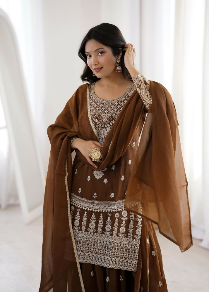 Lehenga Mart Designer Sharara Suit With Kurta, Sharara, Dupatta For Women-Brown | Grocsy