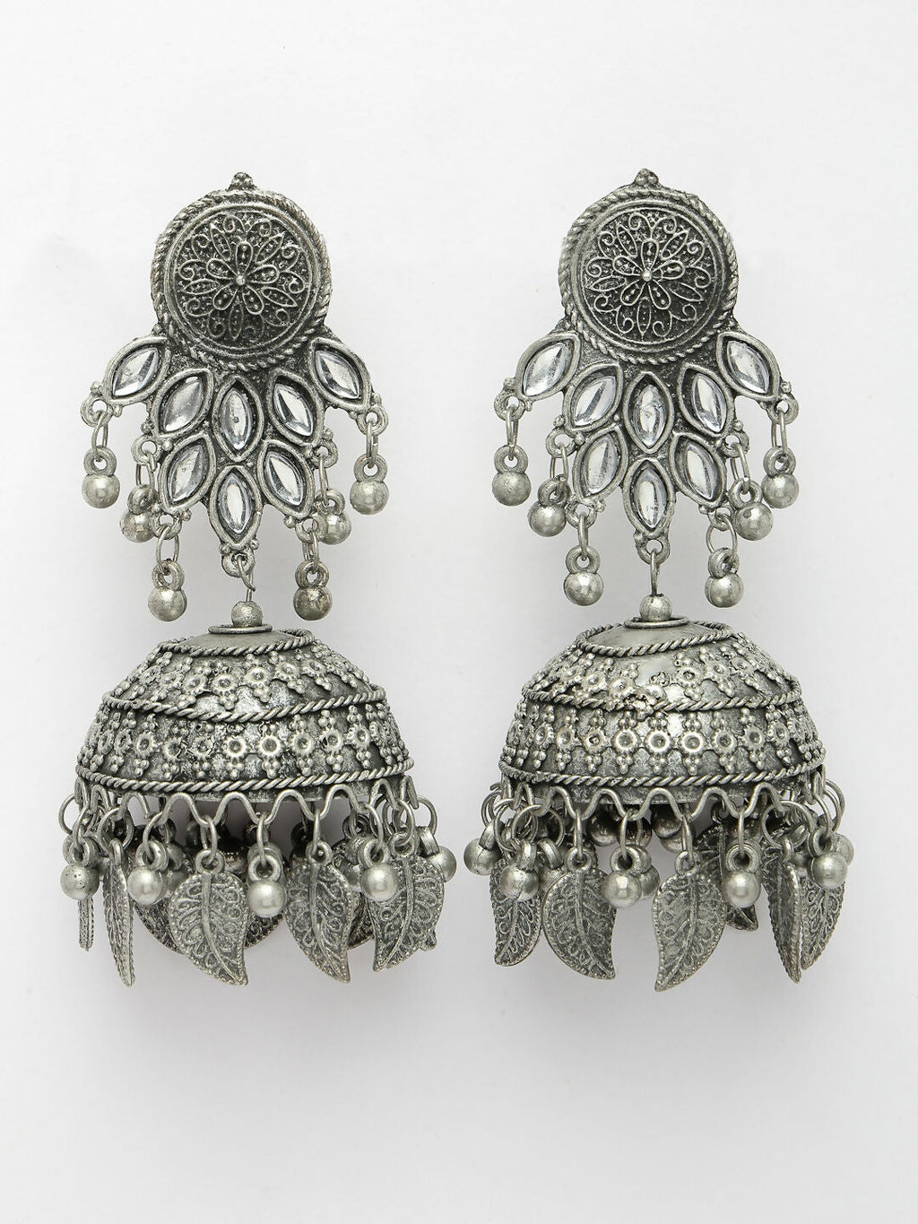 NVR Women's Silver-Plated Oxidised Artificial Stones Dome Shaped Jhumka Earrings | Grocsy