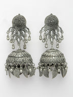 NVR Women's Silver-Plated Oxidised Artificial Stones Dome Shaped Jhumka Earrings | Grocsy