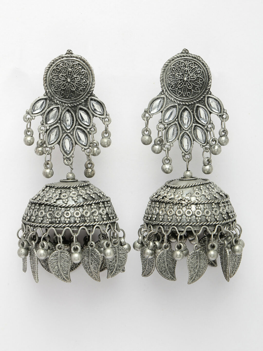 NVR Women's Silver-Plated Oxidised Artificial Stones Dome Shaped Jhumka Earrings | Grocsy