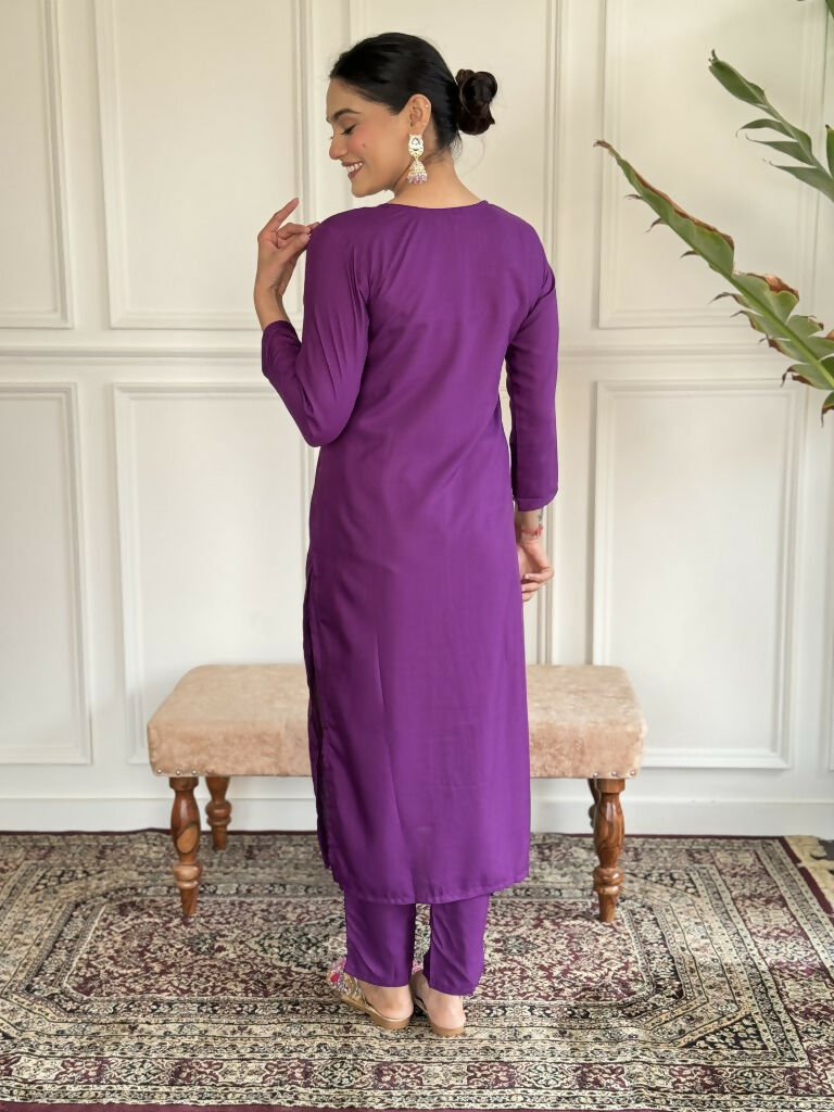 Purple Rayon Slub Stitched Suit With Dupatta - Tanisha | Grocsy