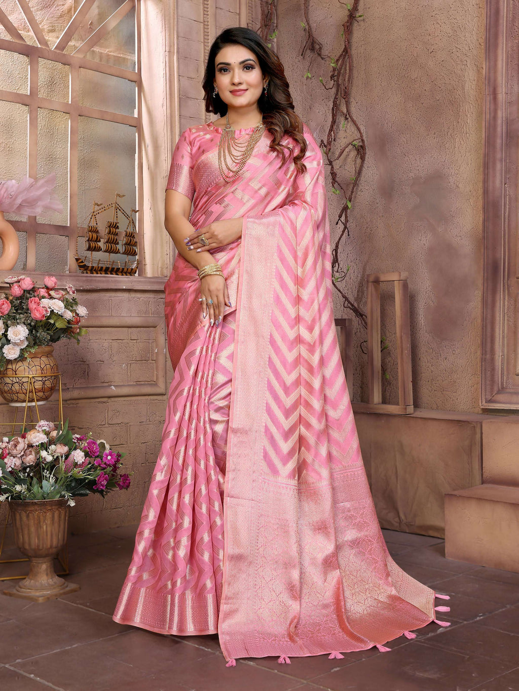 Aastha Fashion Pink Soft Organza Silk Weaving Saree | Grocsy