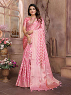 Aastha Fashion Pink Soft Organza Silk Weaving Saree | Grocsy