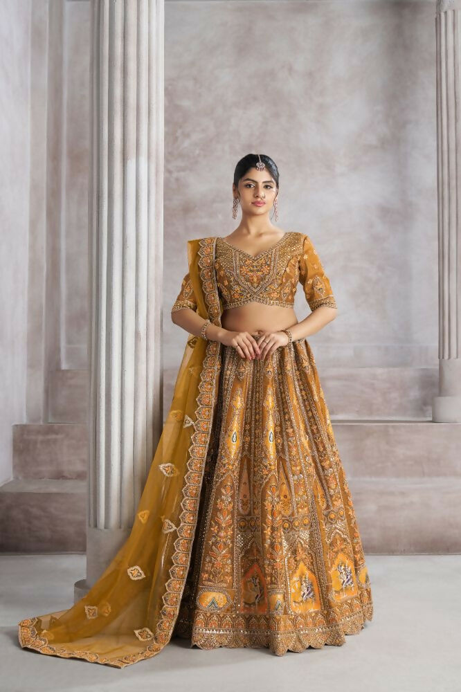 Kesar Fab Dark-Mustard Banarasi Silk Hand_Woven Lehenga | Grocsy