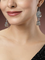 NVR Women's Silver-Toned Peacock Desing German Silver Oxidised Dome Shaped Jhumka Earrings | Grocsy
