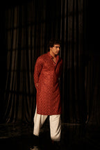Berry Red Viscose Chikankari Embroidery Work Men's Kurta Set - Mahotsav | Grocsy