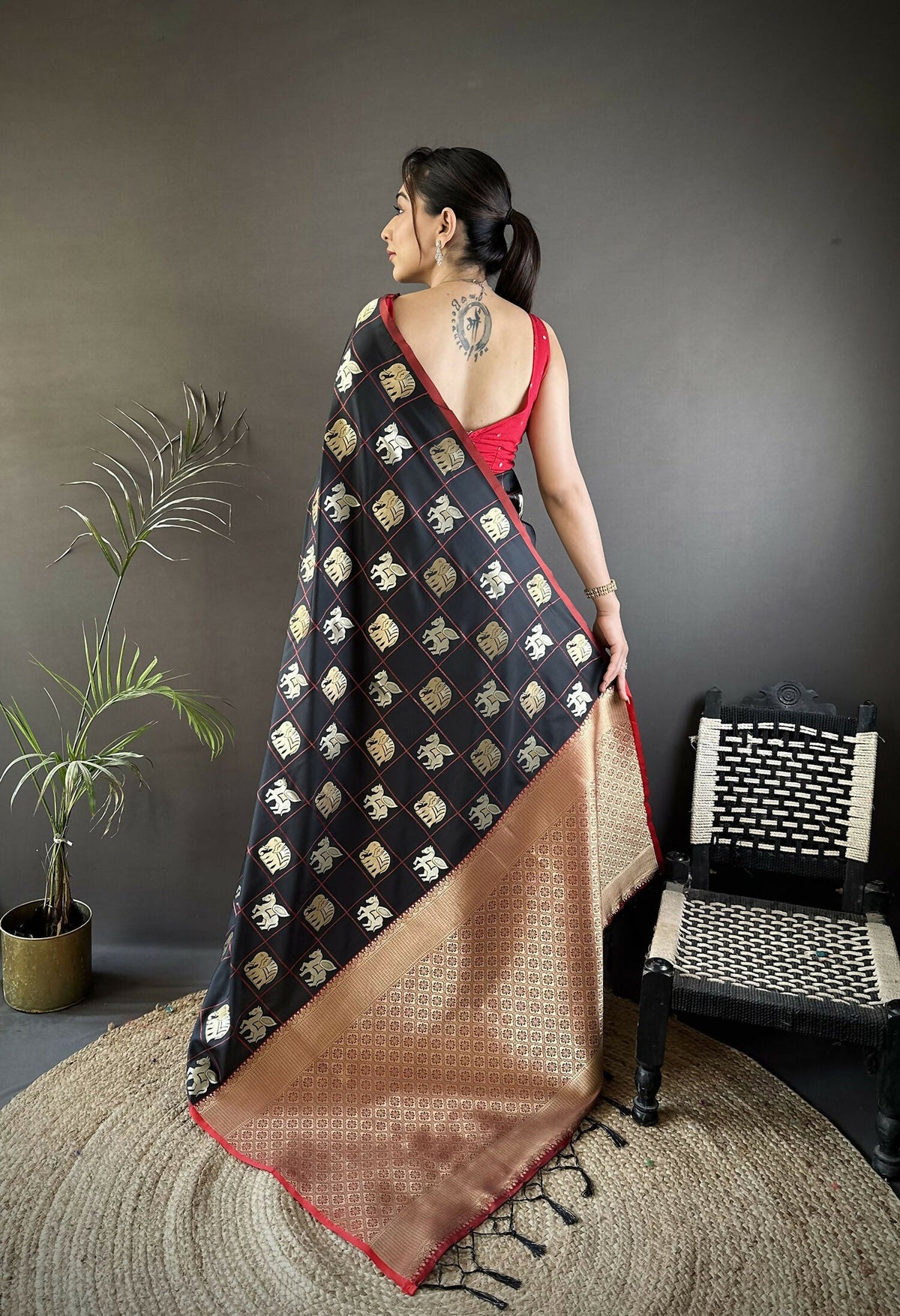 Joban Fashion Black Elephant Motif Soft Silk Banarasi silk Saree | Grocsy