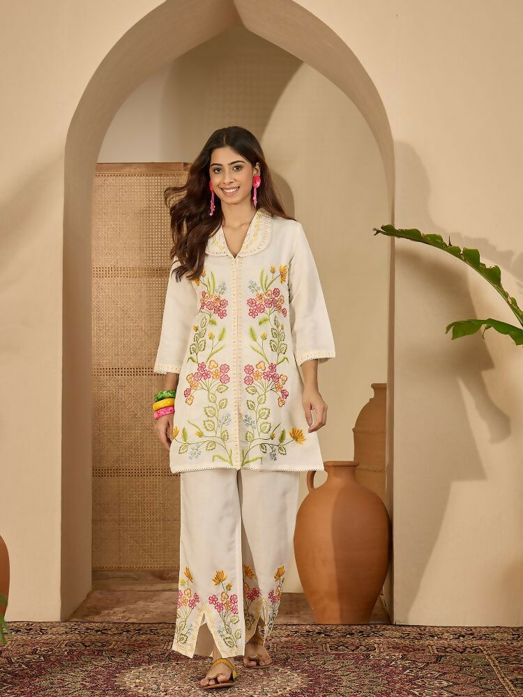 Joban Fashion Women Cream Roman Silk Embroidered Stitched Kurta Set | Grocsy