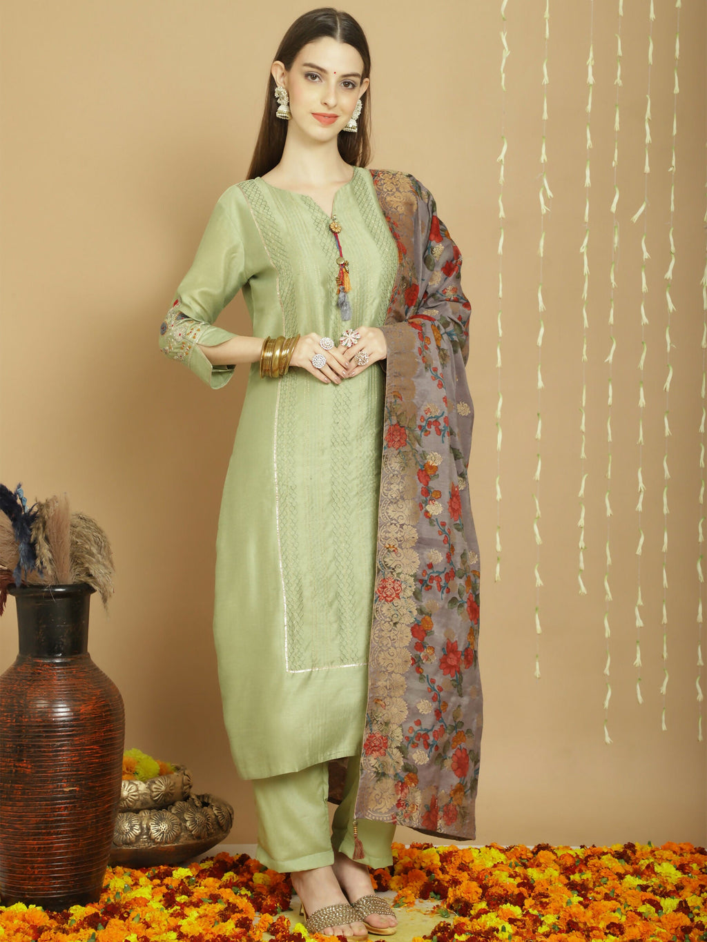 Jyoti Fashion Women's Green Chanderi Silk Elegant Jardoshi Semi Kurta with Trouser & Dupatta | Grocsy