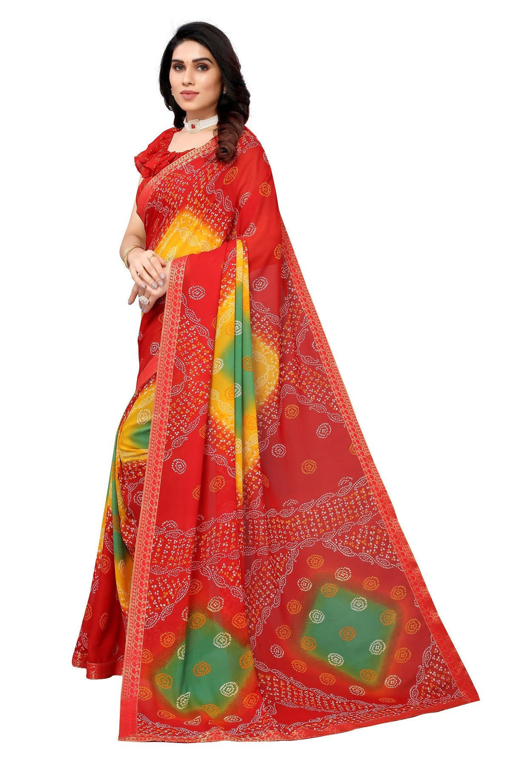 Vamika Ethnic Fire Red Printed With Lace Saree | Grocsy